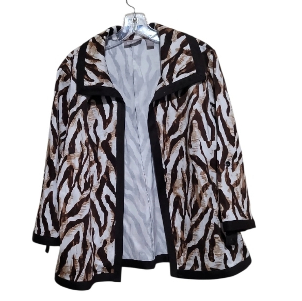 Chico's Brown White Open Front Animal Print 3/4 length roll-tab sleeves Sz L